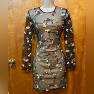 L’atiste dress, sheer black mesh,illusion lining, floral embroidery,S